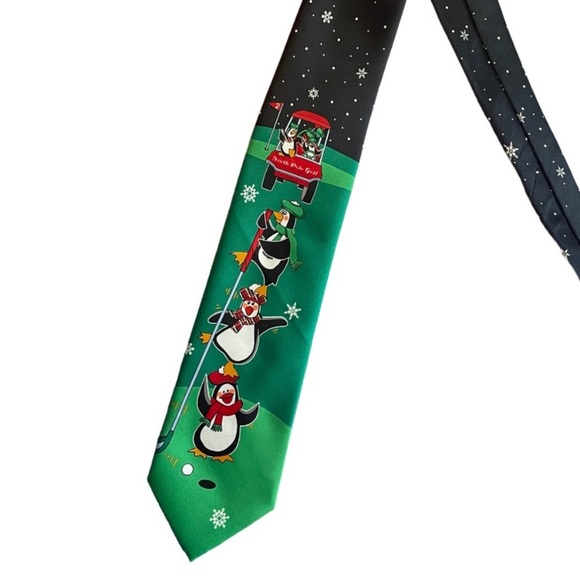 Hallmark Christmas Holiday Green Multicolor Penguin Golf Tie North Pole - Picture 2 of 6